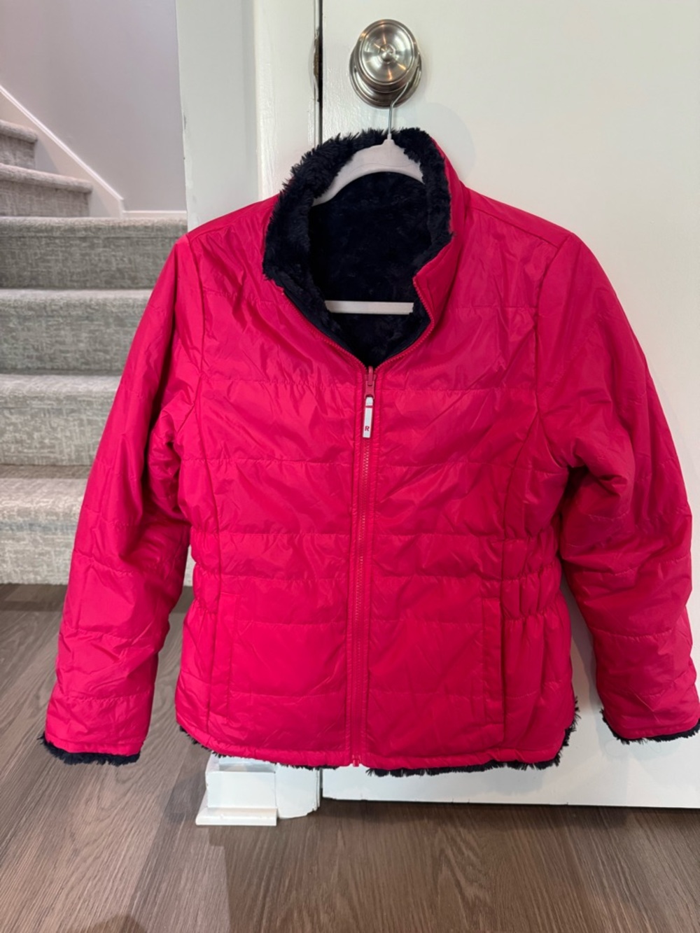 Reversible- Pink & Navy furry Jacket. Great condition. Smoke and pet free home